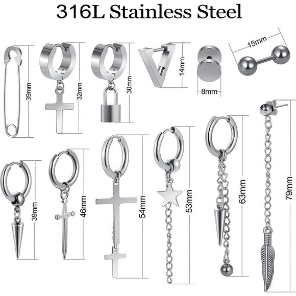 New Cross Dangle Earrings for Men, 25 Pieces Stainless Steel Long Chain Piercing - Picture 2 of 7